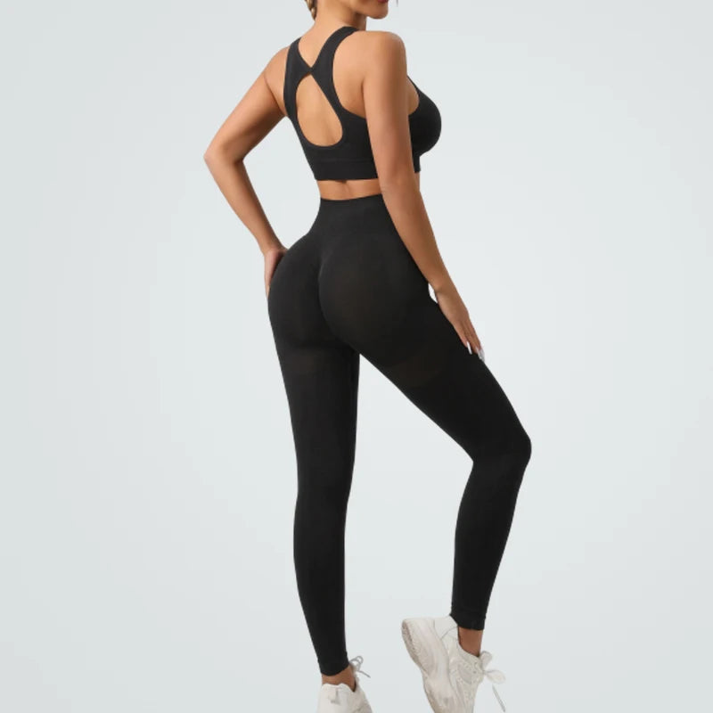 Conjunto de Yoga Sem Costura VEQKING Feminino com Top de Esporte e Leggings Modeladoras