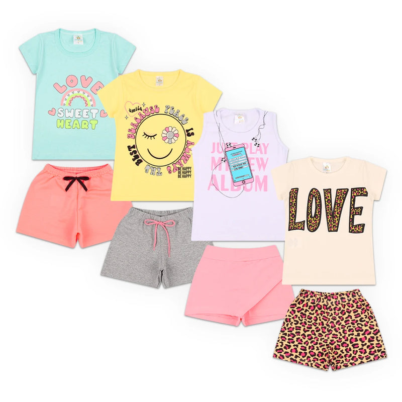 Kit Sortido de Roupas para Menina - 12 Peças (6 Camisetas + 6 Bermudas)