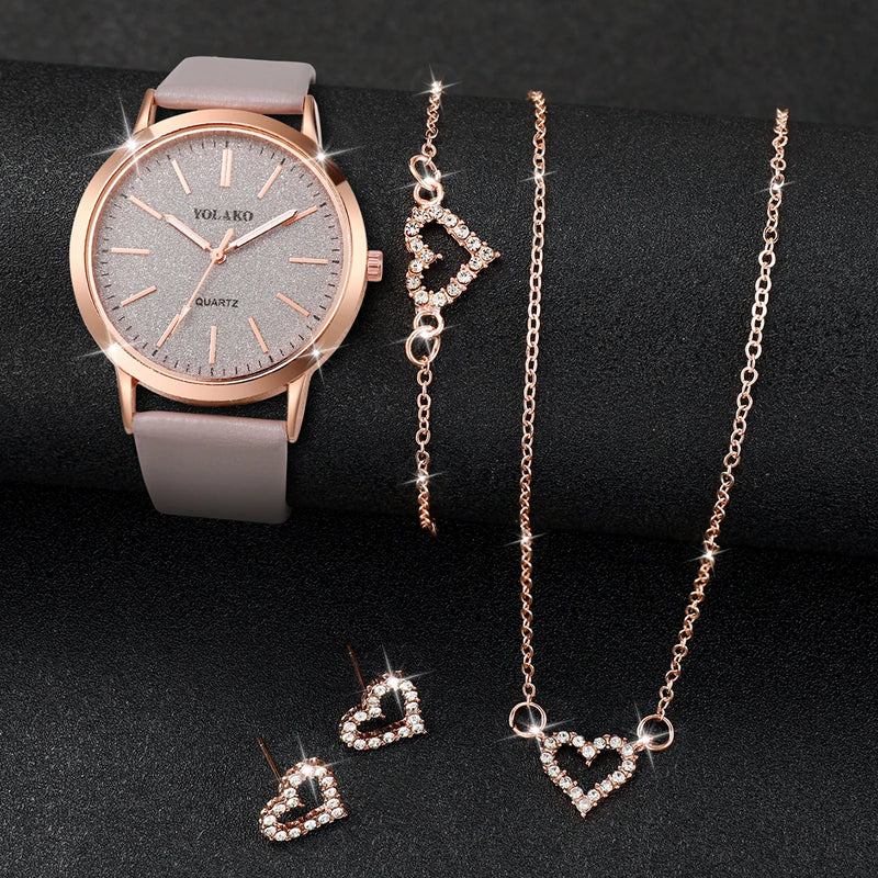 Conjunto 5 Peças: Relógio Quartz Feminino com Pulseira de Couro e Conjunto de Jóias Coração