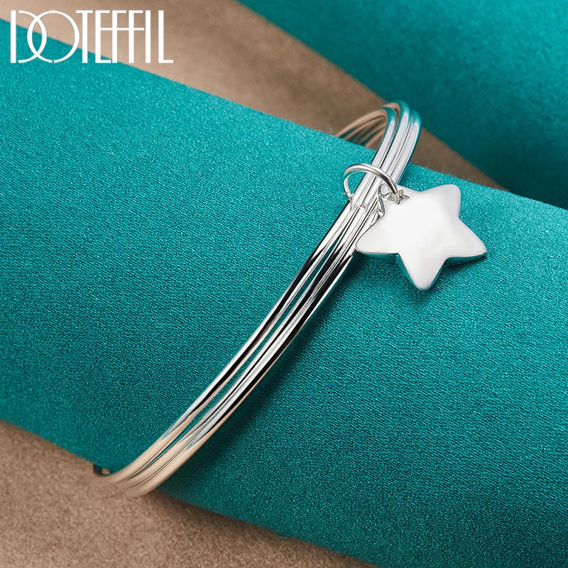 Pulseira Bangle de Prata Esterlina 925 com Três Círculos e Estrela