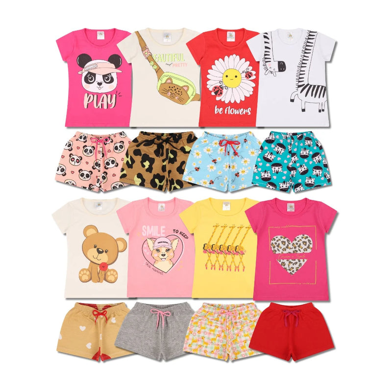 Kit Sortido de Roupas para Menina - 12 Peças (6 Camisetas + 6 Bermudas)