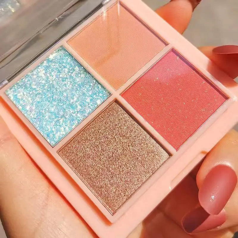 Paleta de Sombras 2024 – Quatro Cores Terra, Matte, Perolada e Glitter, Maquiagem Acessível e Durável