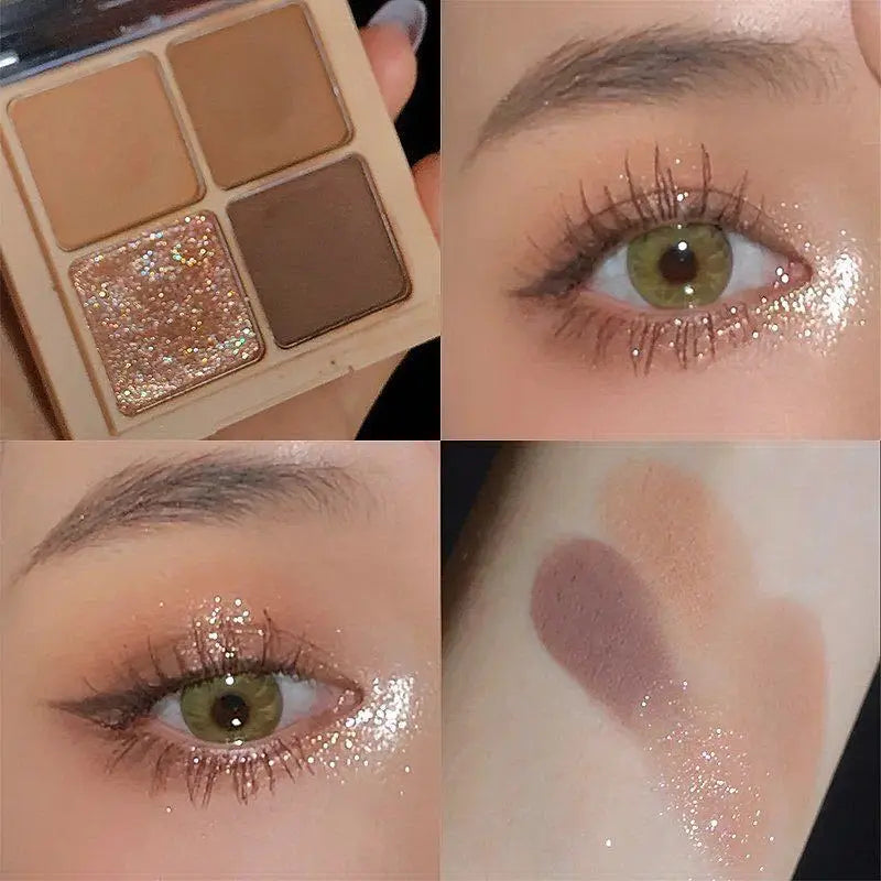 Paleta de Sombras 2024 – Quatro Cores Terra, Matte, Perolada e Glitter, Maquiagem Acessível e Durável