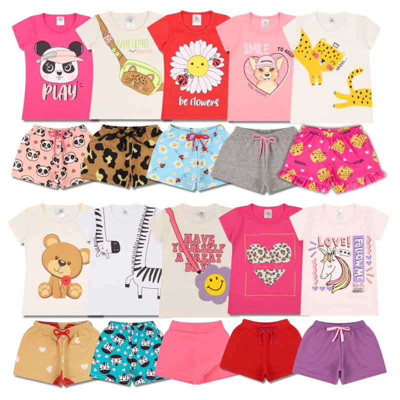 Kit de Roupas para Menina - 10 Peças Sortidas (5 Camisetas + 5 Bermudas)