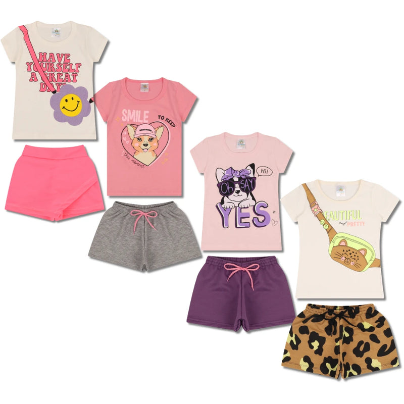 Kit Sortido de Roupas para Menina - 12 Peças (6 Camisetas + 6 Bermudas)