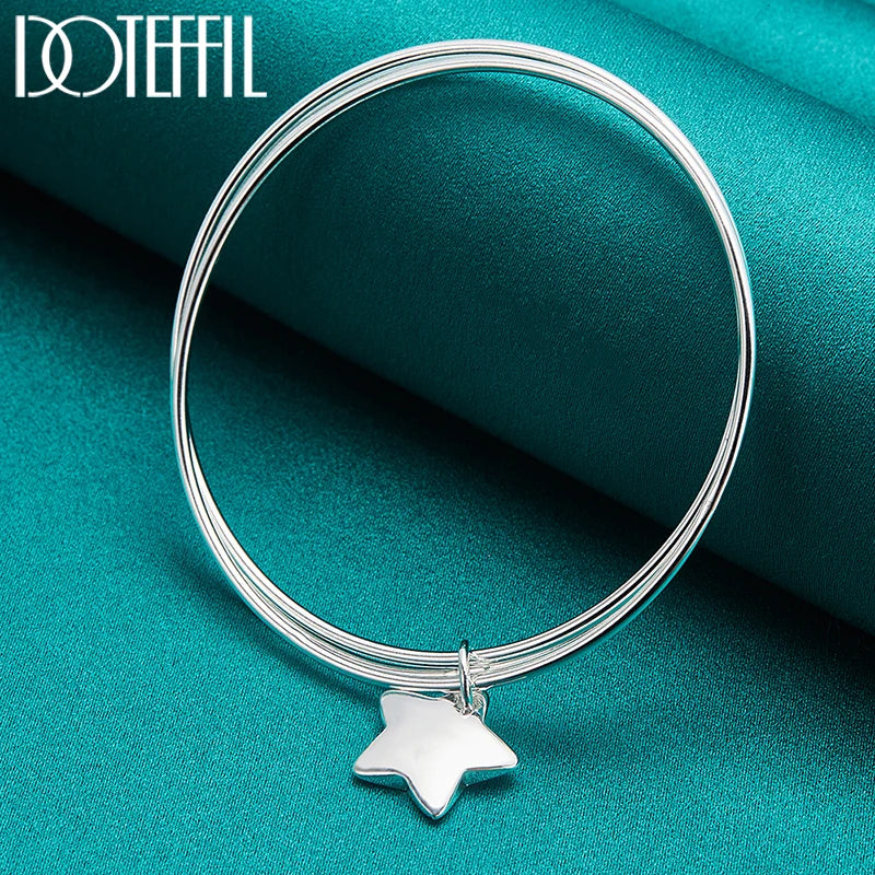 Pulseira Bangle de Prata Esterlina 925 com Três Círculos e Estrela