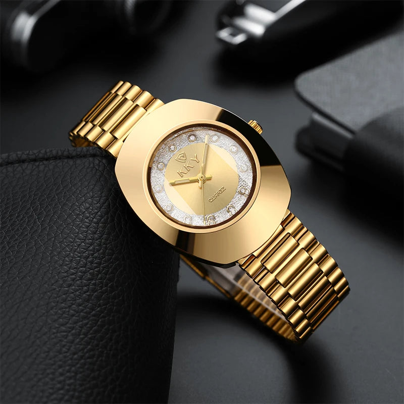 KKY 2024 Relógio Feminino Dourado Luxuoso com Cristais