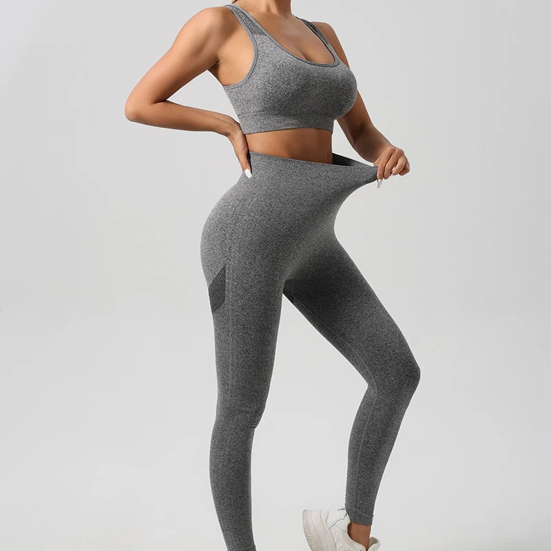 Conjunto de Yoga Sem Costura VEQKING Feminino com Top de Esporte e Leggings Modeladoras