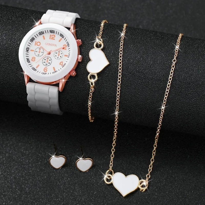 Conjunto Geneva 4 Peças: Relógio Fashion com Pulseira de Silicone e Jóias Coração para Mulheres (sem caixa)