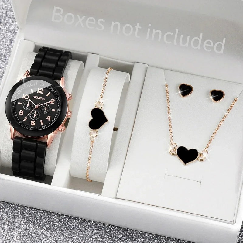 Conjunto Geneva 4 Peças: Relógio Fashion com Pulseira de Silicone e Jóias Coração para Mulheres (sem caixa)