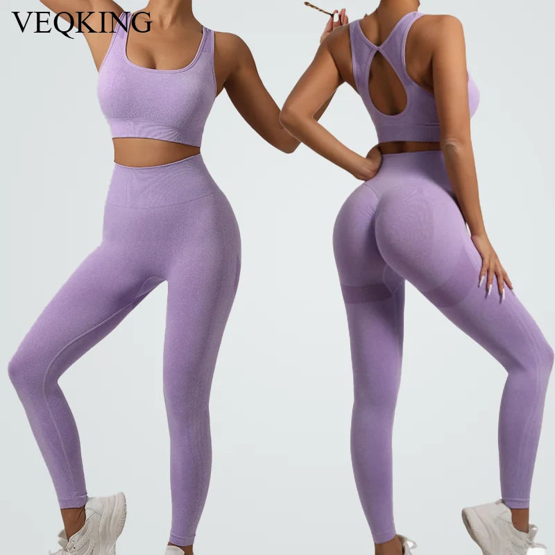 Conjunto de Yoga Sem Costura VEQKING Feminino com Top de Esporte e Leggings Modeladoras