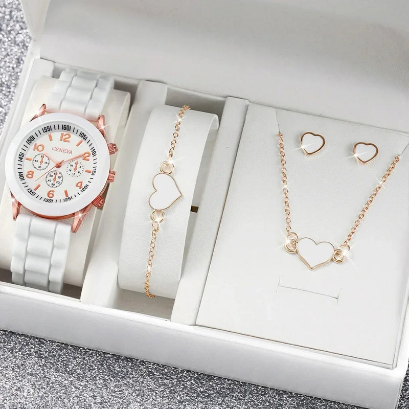 Conjunto Geneva 4 Peças: Relógio Fashion com Pulseira de Silicone e Jóias Coração para Mulheres (sem caixa)